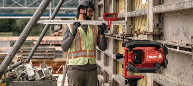 PR 40-22 Single slope rotary laser level Robust exterior rotary laser level with automatic functions for long-distance leveling, aligning, sloping and squaring (Nuron battery platform) Applications 1