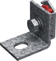 MT-B-L FL OC Pre-assembled light-duty baseplate Base connector with pre-assembled Fast-Lock nut and bolt, for anchoring light-duty strut channel structures to concrete or steel, for outdoor use with low pollution